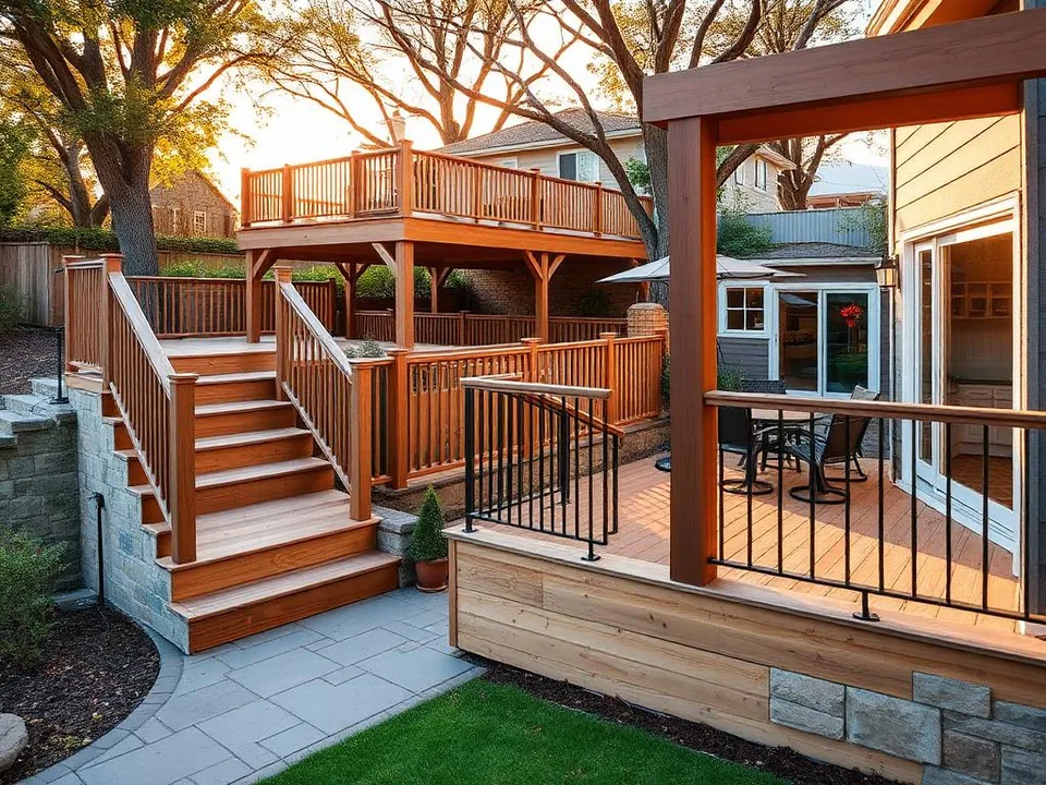 Wood deck and stairs with dark metal railings