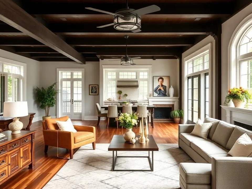 Living space with exposed ceiling beams and wood flooring
