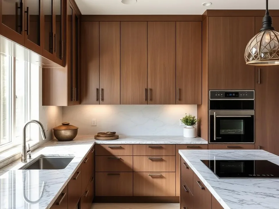 Wood cabinetry and light worktops in a contemporary kitchen