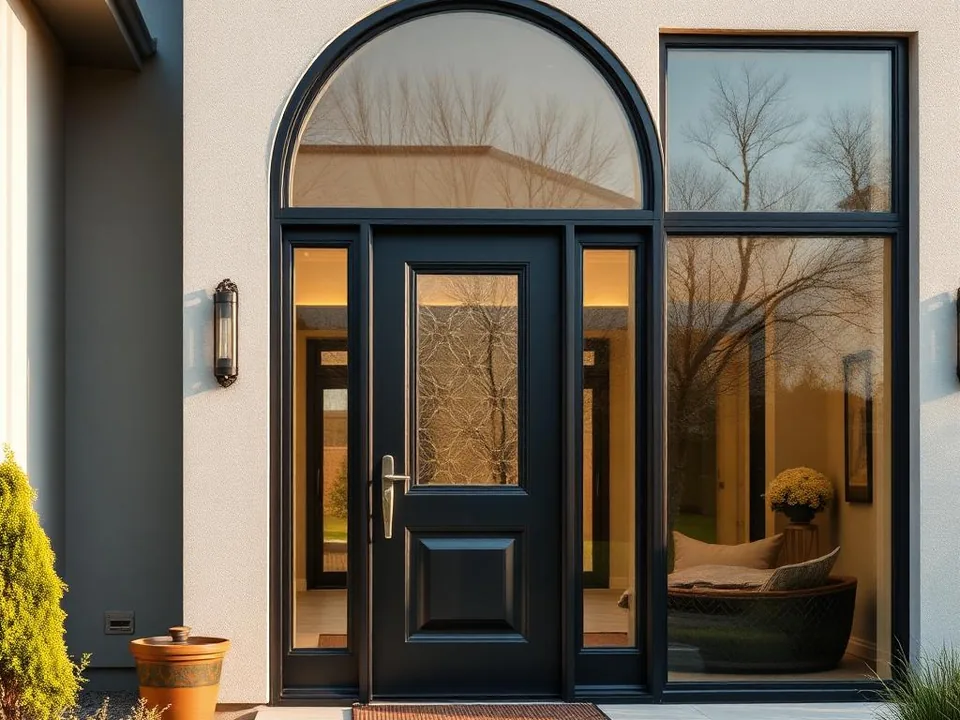 Arched entry with a dark-framed door and sidelights